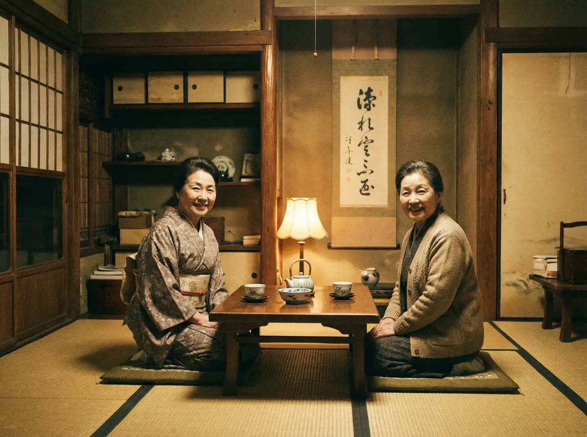 两位优雅的 蓝火体育app 在日式茶室中品茶交谈